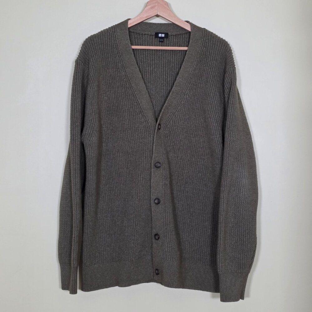 Uniqlo Cardigan Mens XL Heathered Green V Neck Button Up Ribbed Academia Grandpa